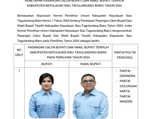KPU Sitaro Umumkan Penetapan Chyntia-Heronimus Sebagai Bupati dan Wakil Bupati Sitaro Terpilih